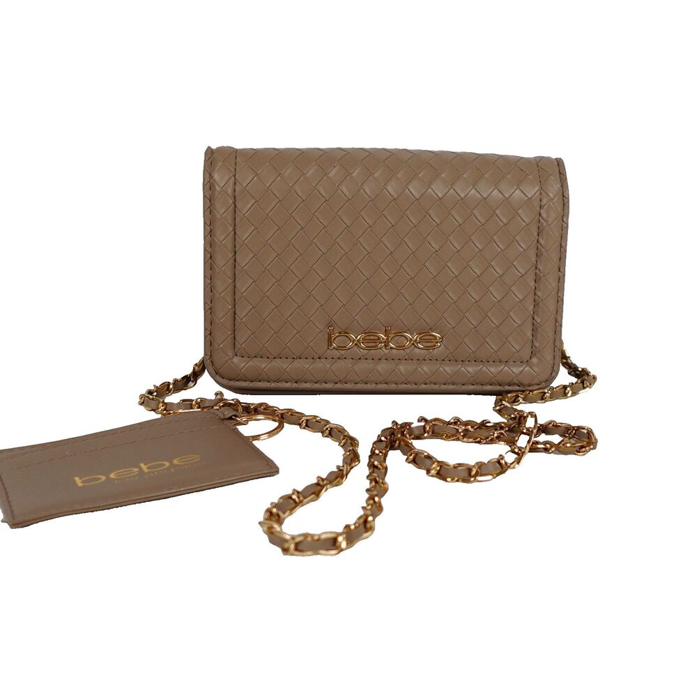 BEBE Woven Crossbody Bag Purse with Card Holder Beige/Gold Chain Strap NWOT